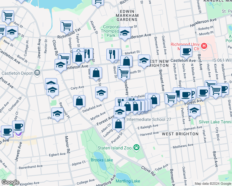 map of restaurants, bars, coffee shops, grocery stores, and more near 115 Seneca Street in Staten Island