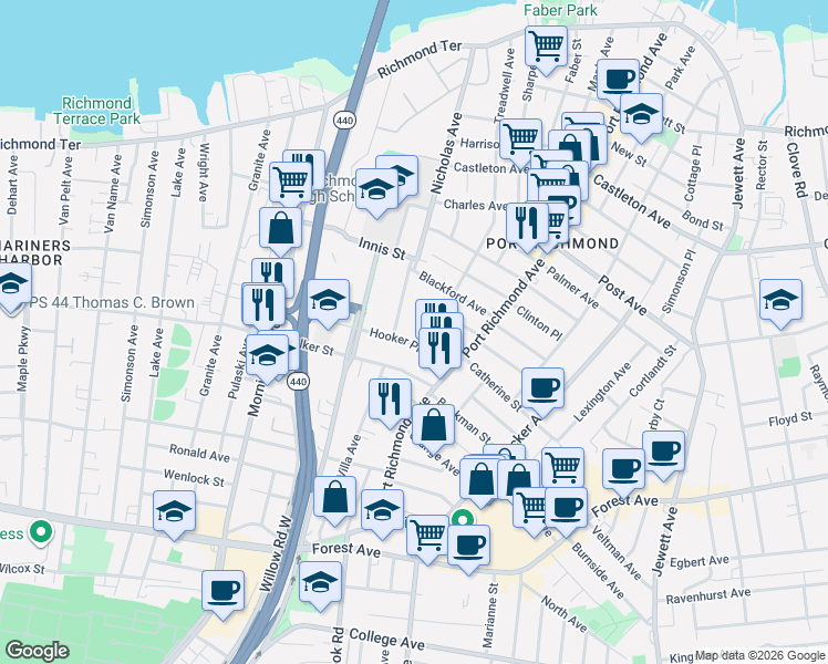 map of restaurants, bars, coffee shops, grocery stores, and more near 322 Nicholas Avenue in Staten Island