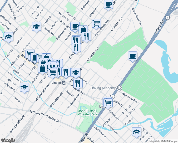 map of restaurants, bars, coffee shops, grocery stores, and more near 306 East Linden Avenue in Linden