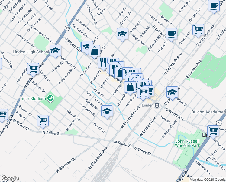 map of restaurants, bars, coffee shops, grocery stores, and more near 432 Helen Street in Linden