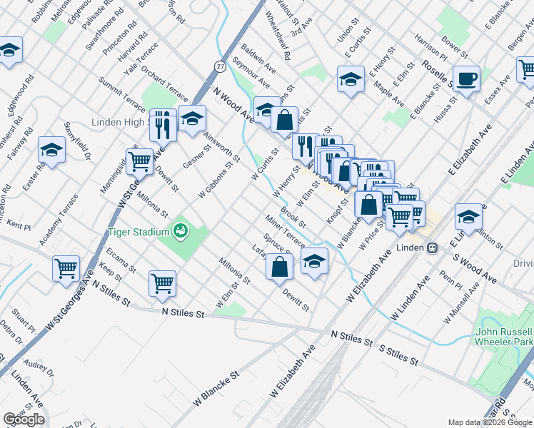 map of restaurants, bars, coffee shops, grocery stores, and more near 600 Brook Street in Linden