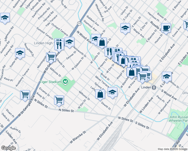 map of restaurants, bars, coffee shops, grocery stores, and more near 600 Brook Street in Linden