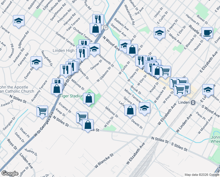 map of restaurants, bars, coffee shops, grocery stores, and more near 714 Summit Street in Linden