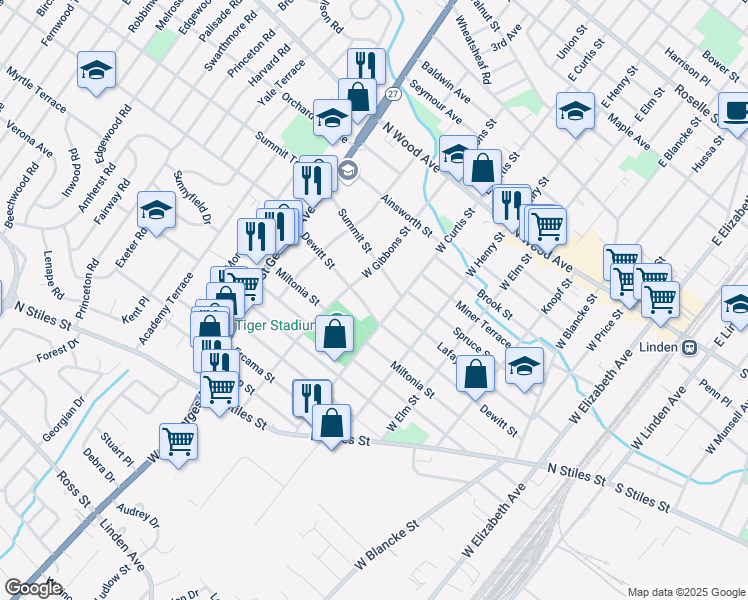 map of restaurants, bars, coffee shops, grocery stores, and more near 221 West Gibbons Street in Linden