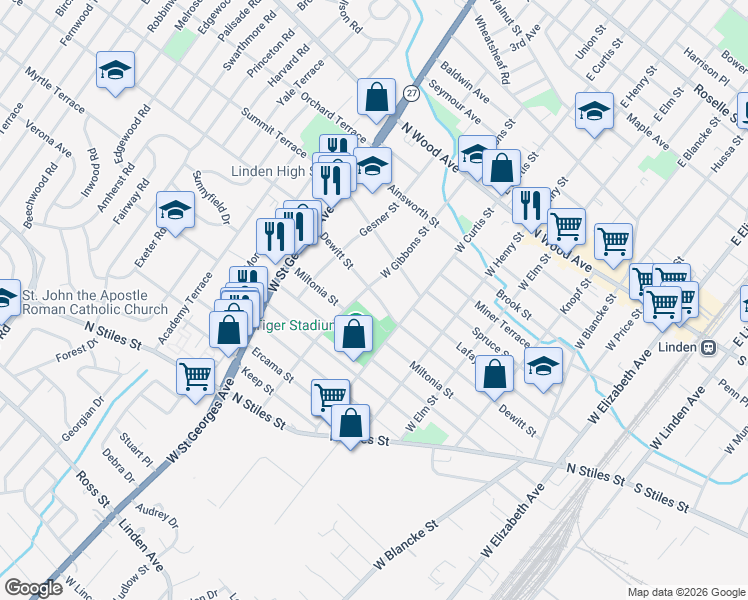 map of restaurants, bars, coffee shops, grocery stores, and more near 221 West Gibbons Street in Linden