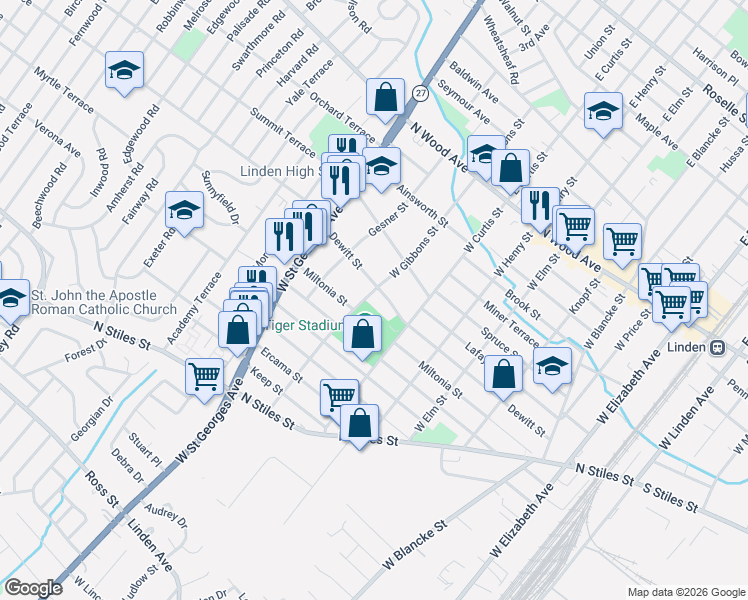 map of restaurants, bars, coffee shops, grocery stores, and more near 221 West Gibbons Street in Linden
