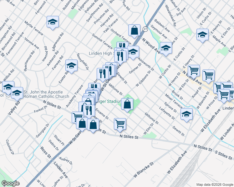 map of restaurants, bars, coffee shops, grocery stores, and more near 338 Gesner Street in Linden