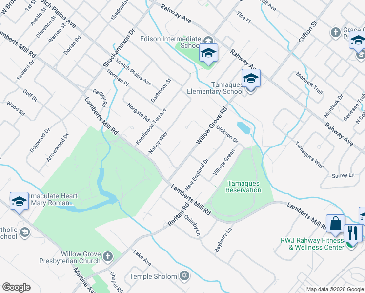 map of restaurants, bars, coffee shops, grocery stores, and more near 25 Bates Way in Westfield