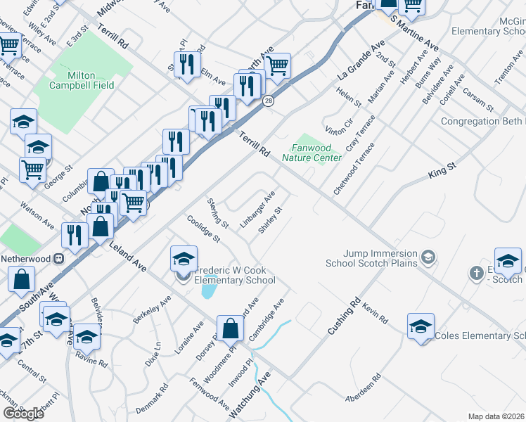 map of restaurants, bars, coffee shops, grocery stores, and more near 1466 Frances Lane in Plainfield