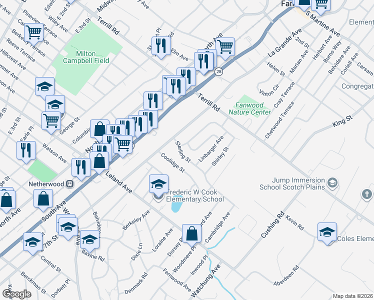 map of restaurants, bars, coffee shops, grocery stores, and more near 1360 East 7th Street in Plainfield
