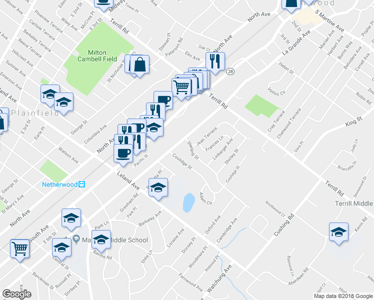 map of restaurants, bars, coffee shops, grocery stores, and more near 1360 East 7th Street in Plainfield