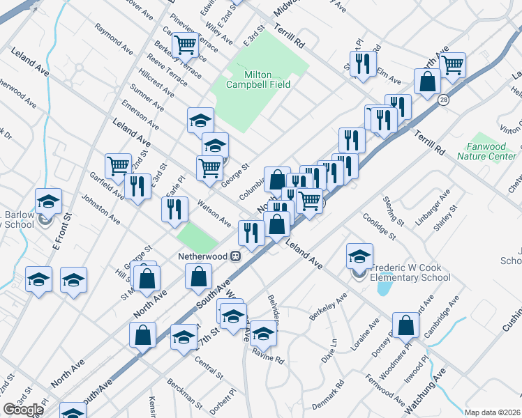 map of restaurants, bars, coffee shops, grocery stores, and more near 1227 North Avenue in Plainfield