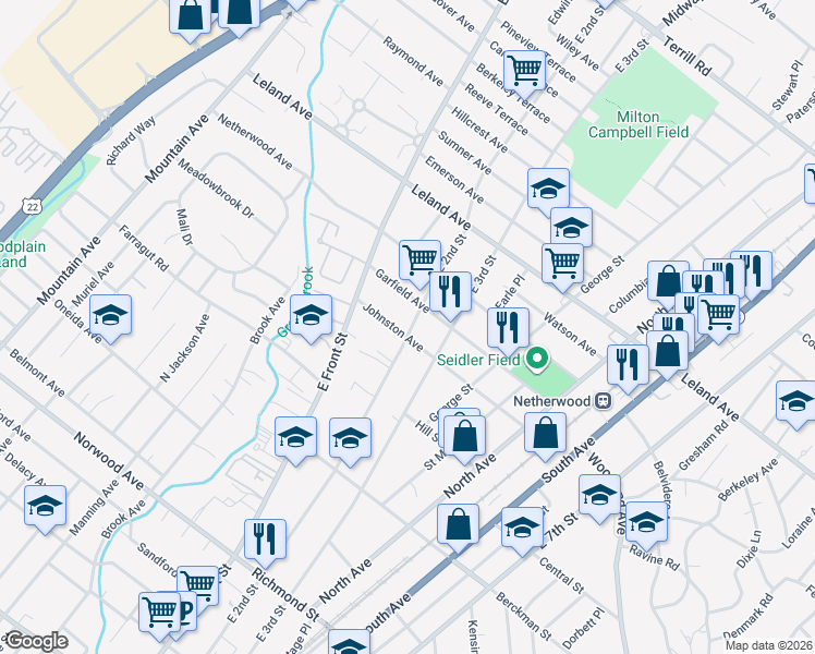 map of restaurants, bars, coffee shops, grocery stores, and more near 1000 East 2nd Street in Plainfield