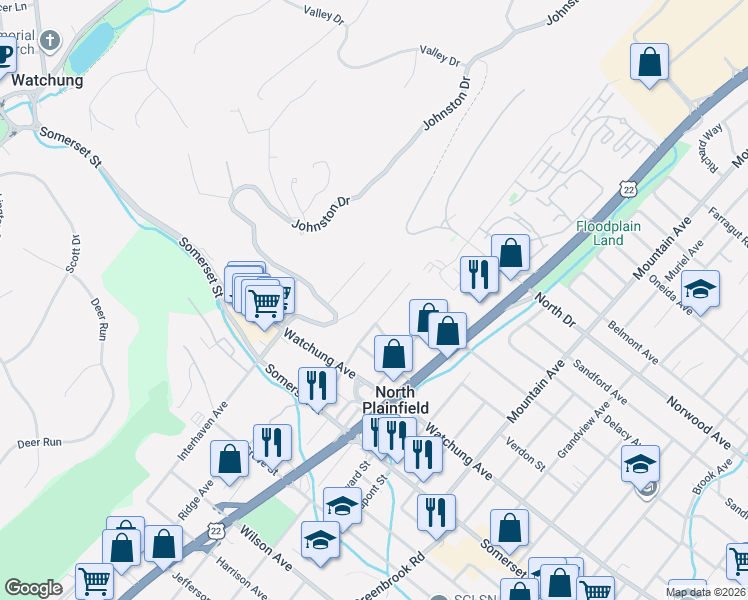 map of restaurants, bars, coffee shops, grocery stores, and more near 130 Johnston Drive Extension in North Plainfield