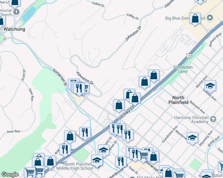 map of restaurants, bars, coffee shops, grocery stores, and more near 130 Johnston Drive Extension in North Plainfield