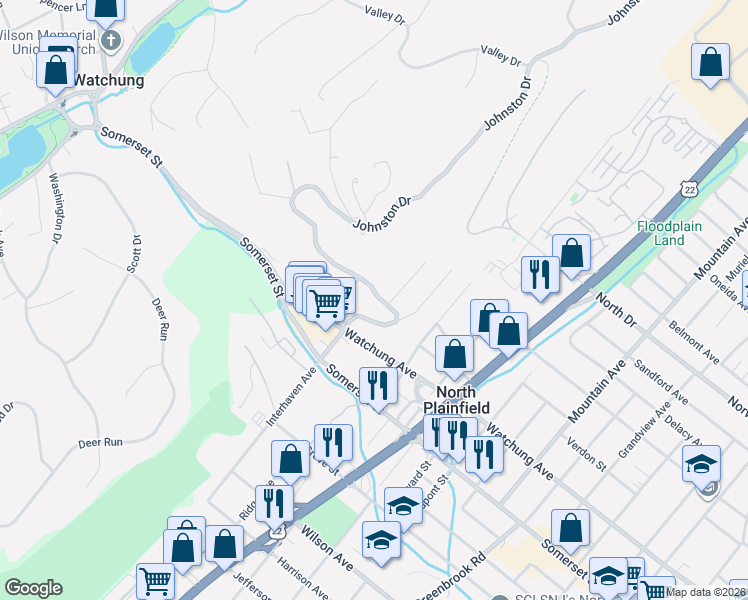 map of restaurants, bars, coffee shops, grocery stores, and more near 17 Upper Drive in Watchung