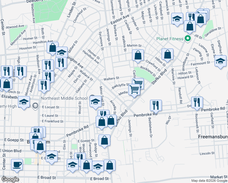 map of restaurants, bars, coffee shops, grocery stores, and more near 1301 Jennings Street in Bethlehem