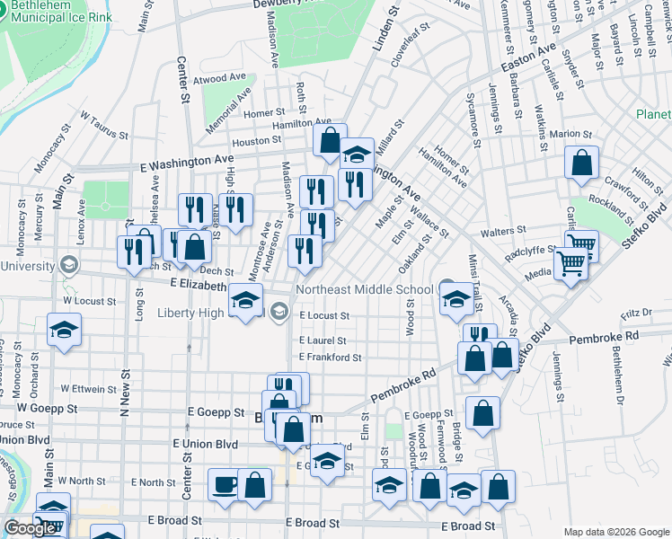 map of restaurants, bars, coffee shops, grocery stores, and more near 1423 Maple Street in Bethlehem