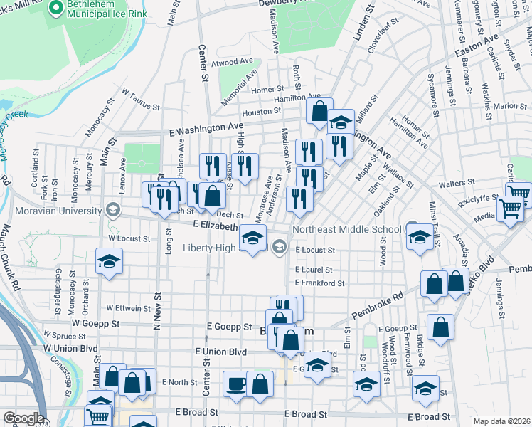 map of restaurants, bars, coffee shops, grocery stores, and more near 1343 Montrose Avenue in Bethlehem