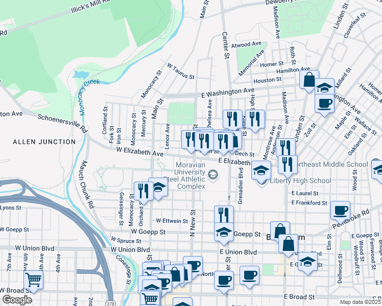 map of restaurants, bars, coffee shops, grocery stores, and more near 1340 North New Street in Bethlehem