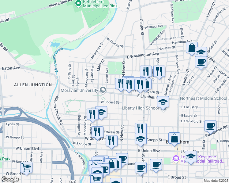 map of restaurants, bars, coffee shops, grocery stores, and more near 37 West Greenwich Street in Bethlehem