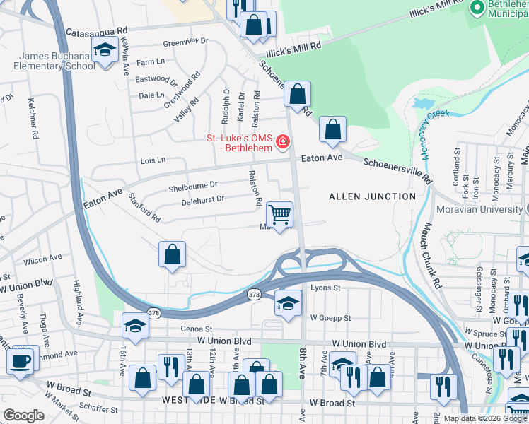 map of restaurants, bars, coffee shops, grocery stores, and more near 1136 Ralston Road in Bethlehem