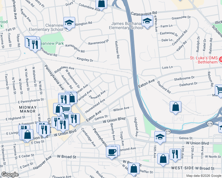 map of restaurants, bars, coffee shops, grocery stores, and more near 1856 Ridgelawn Avenue in Bethlehem