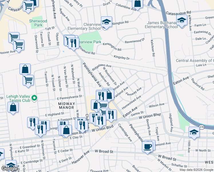 map of restaurants, bars, coffee shops, grocery stores, and more near 2129 Fireside Drive in Bethlehem