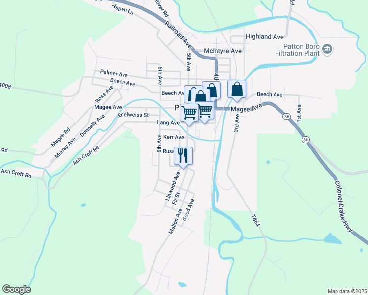 map of restaurants, bars, coffee shops, grocery stores, and more near 507-519 Kerr Ave in Patton