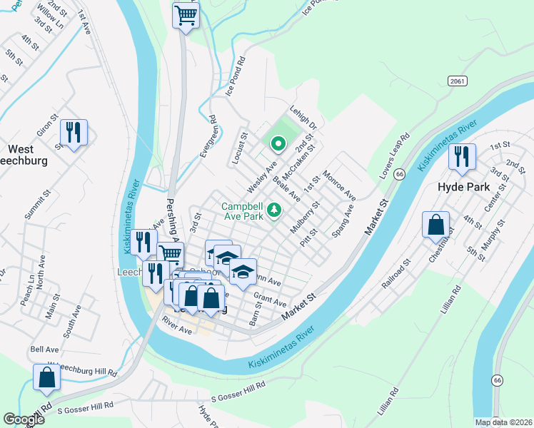 map of restaurants, bars, coffee shops, grocery stores, and more near 474 2nd Street in Leechburg