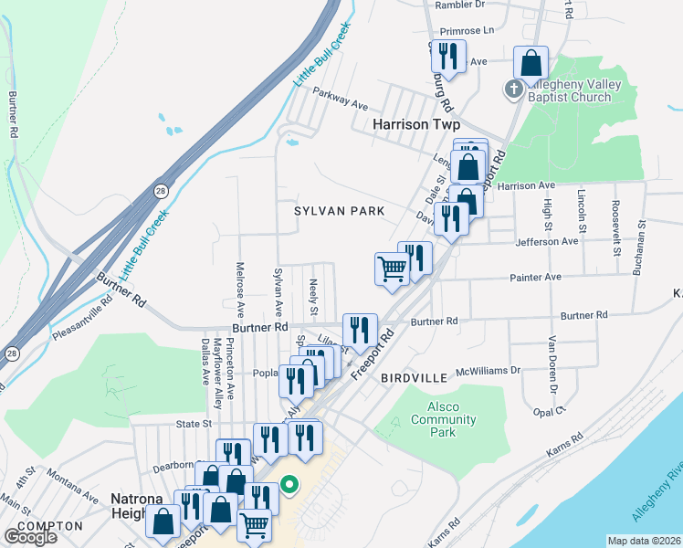 map of restaurants, bars, coffee shops, grocery stores, and more near 1000 Ivanhoe Street in Natrona Heights