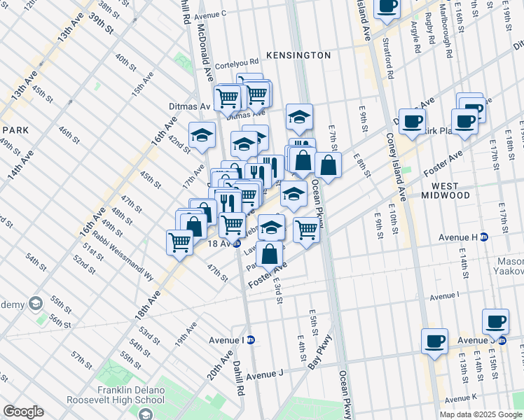 map of restaurants, bars, coffee shops, grocery stores, and more near 4207 18th Avenue in Brooklyn