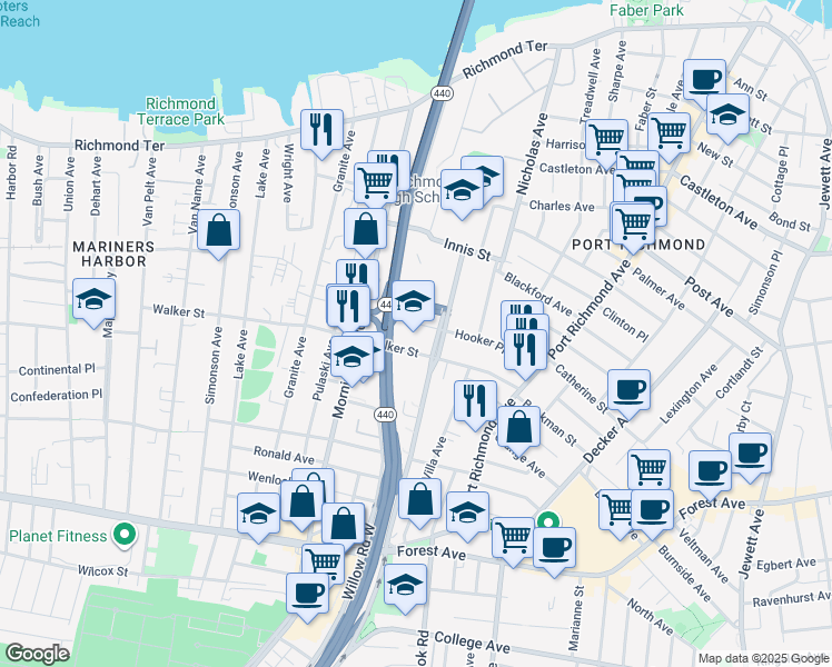 map of restaurants, bars, coffee shops, grocery stores, and more near 168 Hooker Place in Staten Island