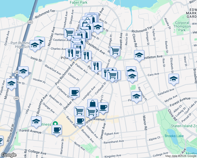 map of restaurants, bars, coffee shops, grocery stores, and more near 2 Decker Avenue in Staten Island