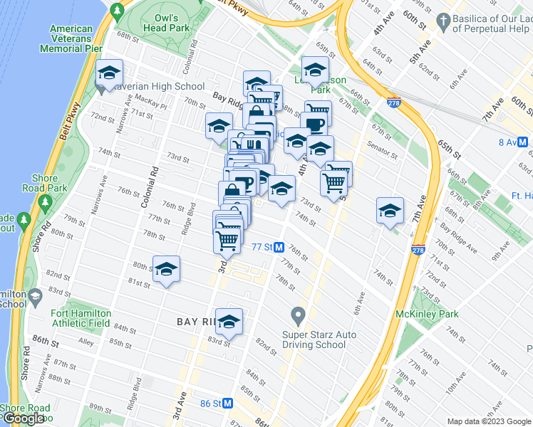 map of restaurants, bars, coffee shops, grocery stores, and more near 326 74th Street in Brooklyn
