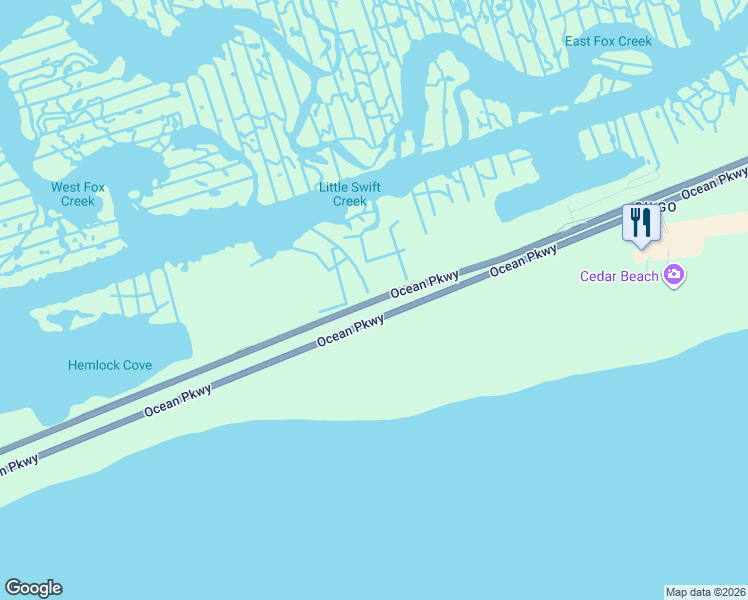 map of restaurants, bars, coffee shops, grocery stores, and more near Ocean Parkway in Babylon