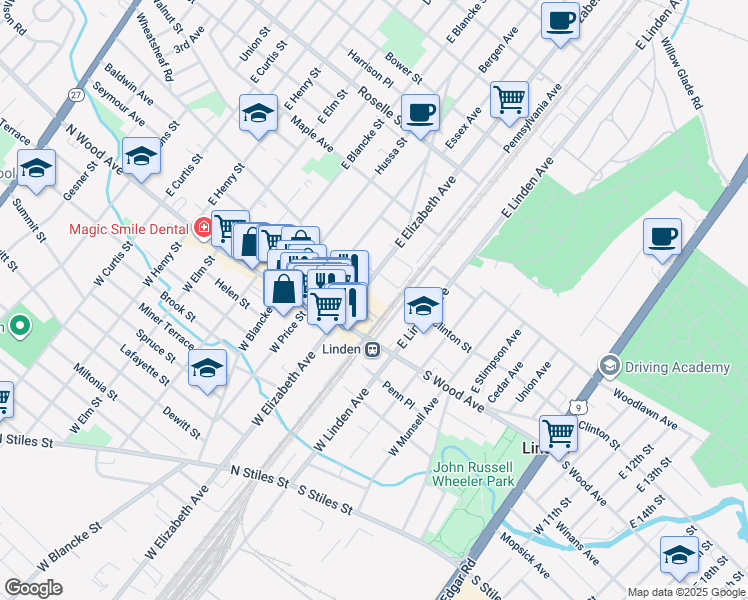 map of restaurants, bars, coffee shops, grocery stores, and more near 102 East Elizabeth Avenue in Linden