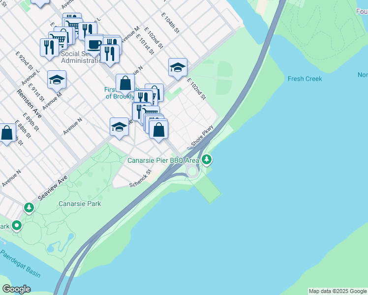 map of restaurants, bars, coffee shops, grocery stores, and more near 5905 Shore Parkway in Brooklyn