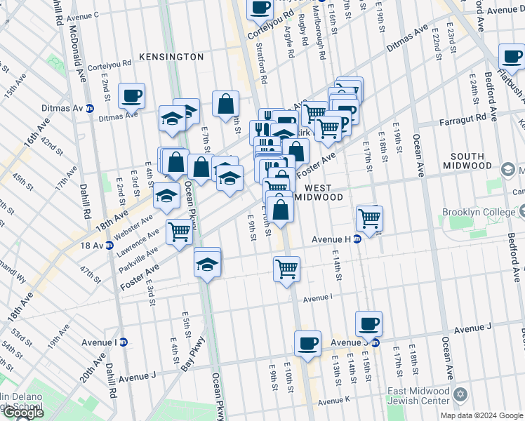 map of restaurants, bars, coffee shops, grocery stores, and more near 722 East 10th Street in Brooklyn
