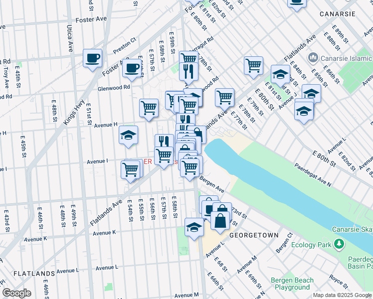 map of restaurants, bars, coffee shops, grocery stores, and more near 5912 Flatlands Avenue in Brooklyn