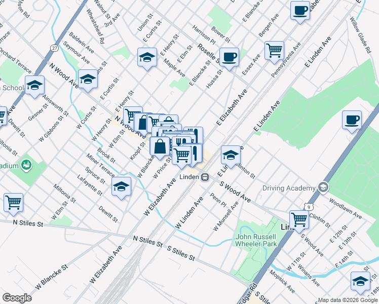 map of restaurants, bars, coffee shops, grocery stores, and more near 115 East Elizabeth Avenue in Linden