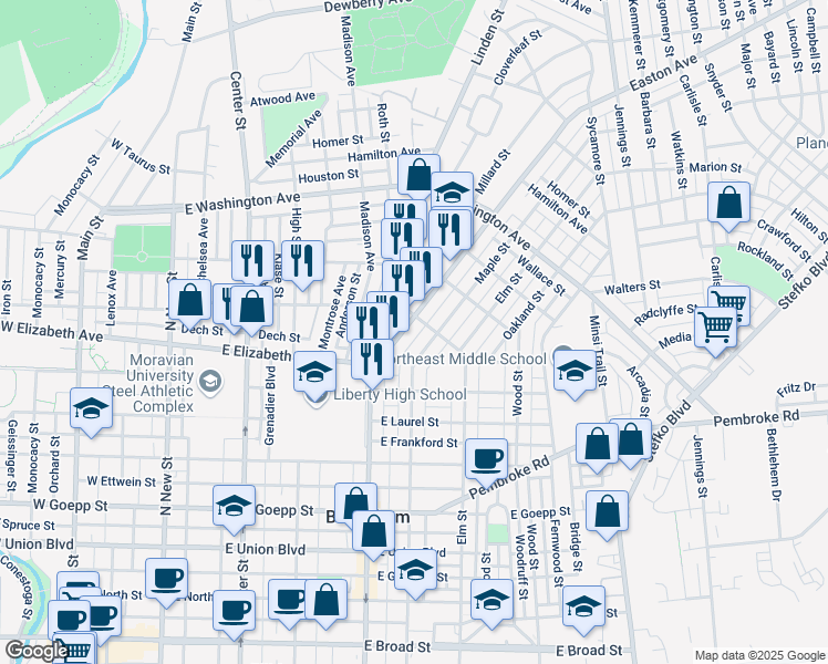 map of restaurants, bars, coffee shops, grocery stores, and more near 1365 Easton Avenue in Bethlehem