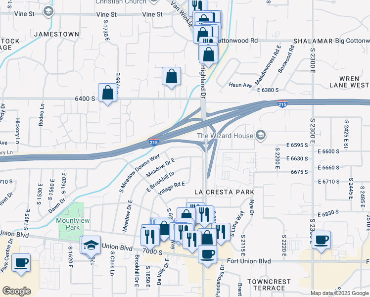 map of restaurants, bars, coffee shops, grocery stores, and more near 1952 East Meadow Downs Way in Cottonwood Heights