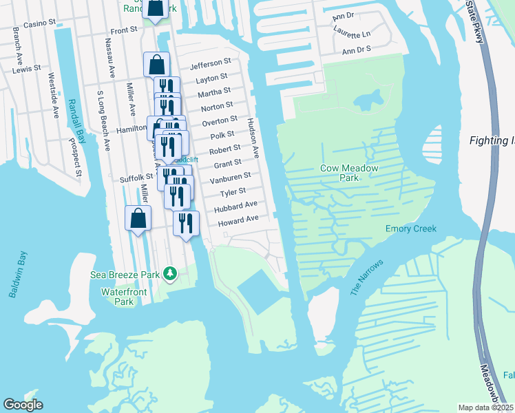 map of restaurants, bars, coffee shops, grocery stores, and more near 240 Hudson Avenue in Freeport