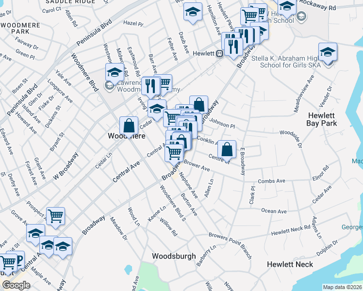 map of restaurants, bars, coffee shops, grocery stores, and more near 1024 Broadway in Woodmere