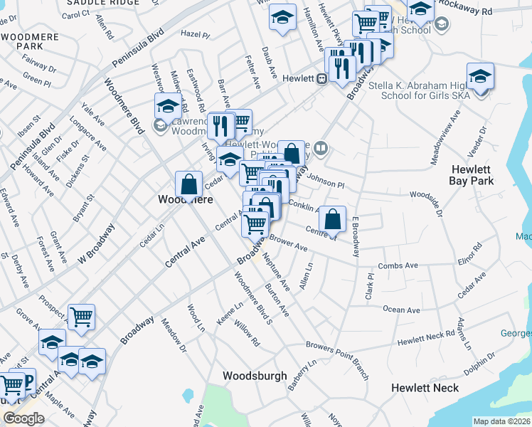 map of restaurants, bars, coffee shops, grocery stores, and more near 1010 Central Avenue in Woodmere