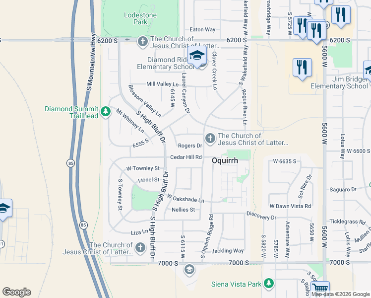 map of restaurants, bars, coffee shops, grocery stores, and more near 6101 West Castle Park Lane in West Valley City