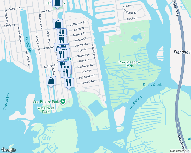 map of restaurants, bars, coffee shops, grocery stores, and more near 240 Hudson Avenue in Freeport