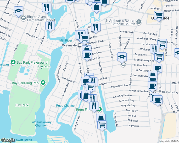 map of restaurants, bars, coffee shops, grocery stores, and more near 3249 Lawson Boulevard in Oceanside