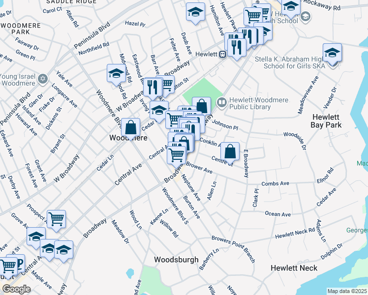 map of restaurants, bars, coffee shops, grocery stores, and more near 1010 Central Avenue in Woodmere